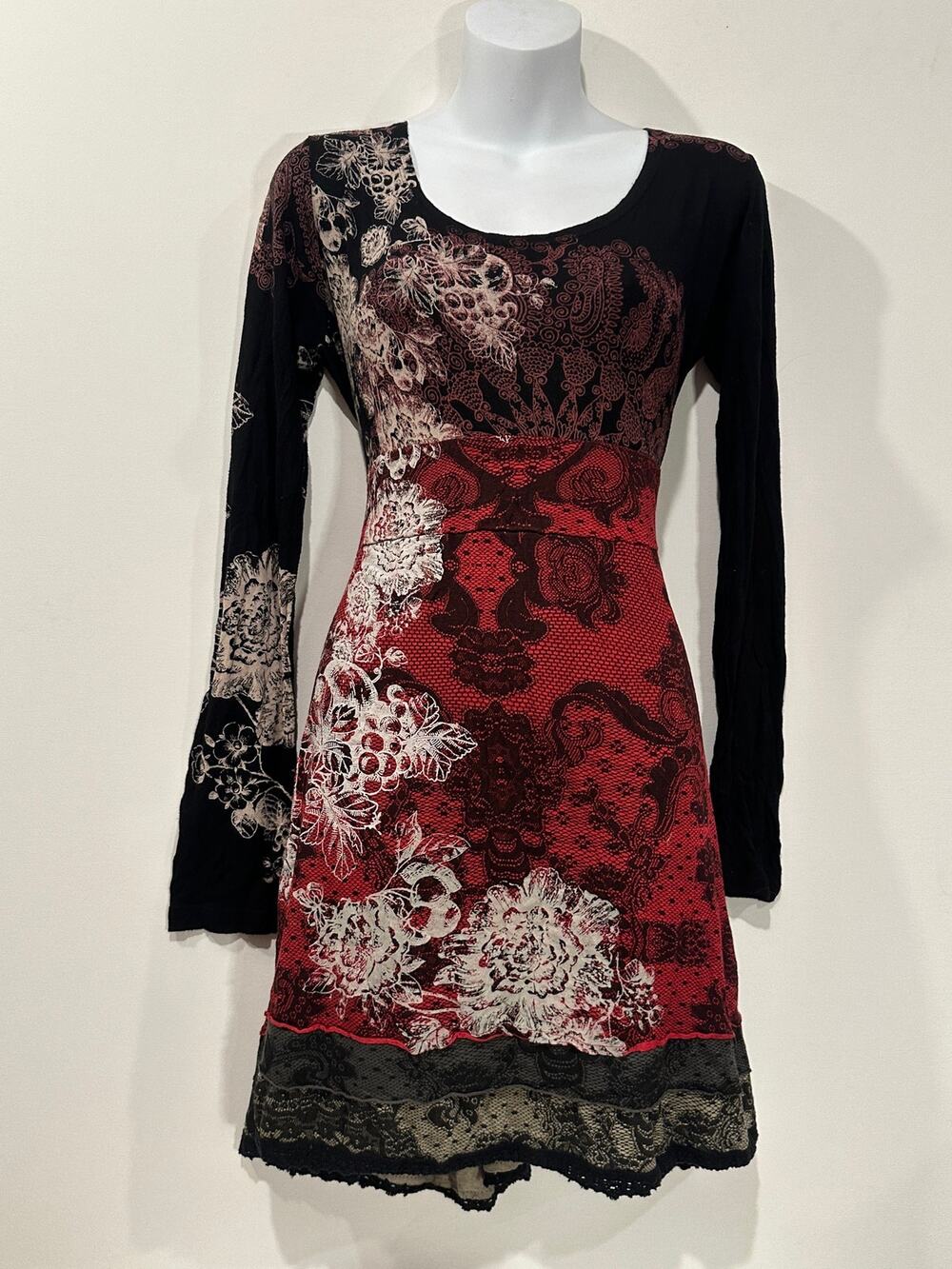 Vintage Desigual Red Black Lace Print Long Sleeve Ruffle Trim Midi Dress XL